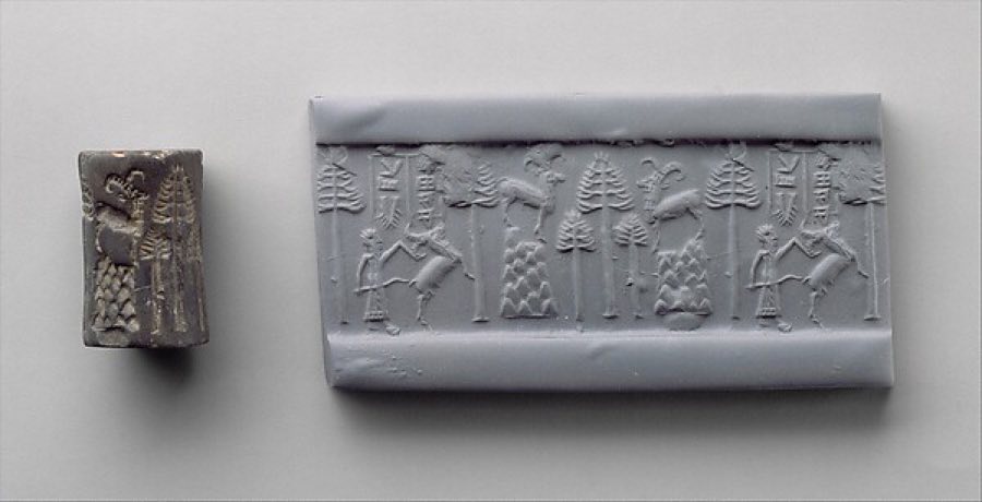 Cylinder seal — Cylinder seal and modern impression: hunting scene — Akkadian, ca. 2250–2150 BCE